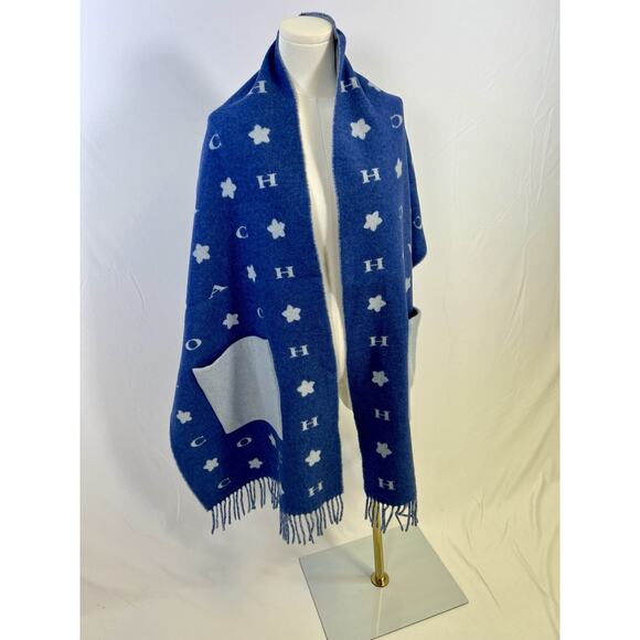 Coach Logo Blue Oversized Muffler Wool W.Pocket Shawl 80 inches - Picture 5 of 11